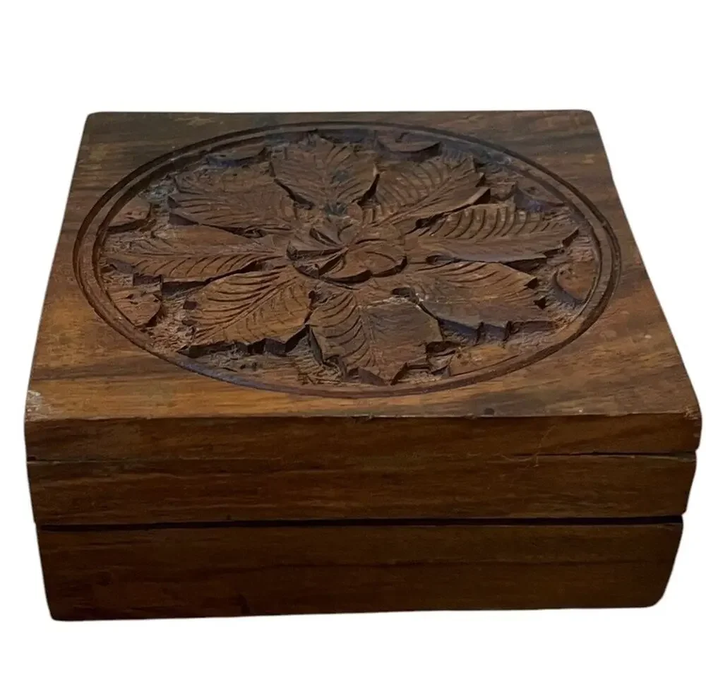 Vintage Hand Carved Wooden Trinket/Jewelry Box Hinged Leaves India 5” Square